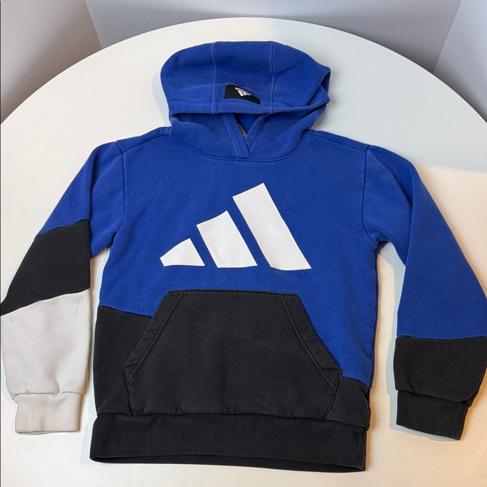 Adidas Kids Blue, Black, and White Colorblock Hoodie. Kids Size Small (8)